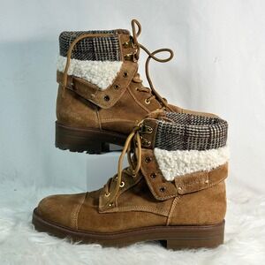 Tommy Hilfiger Women's Tan Suede Shearling Plaid Lined Lace Up Combat Boots 7M